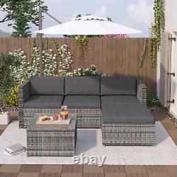 L-shaped Corner Sofa Glass Table Rattan Garden Furniture Patio Lounge Set Gray