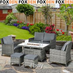 Large Patio Rattan Sofa Garden Furniture Set Armchairs Footstools Fire Pit Table