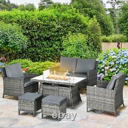 Large Patio Rattan Sofa Garden Furniture Set Armchairs Footstools Fire Pit Table