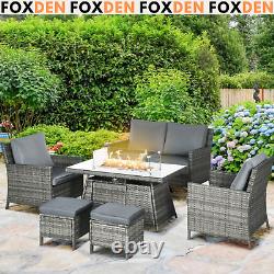 Large Patio Rattan Sofa Garden Furniture Set Armchairs Footstools Fire Pit Table