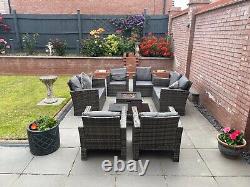 Long Rattan Firepit Garden 8 PC Patio Furniture Set with Relax Modern Entertain