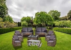 Long Rattan Firepit Garden 8 PC Patio Furniture Set with Relax Modern Entertain