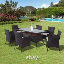 Luxury 7 Piece Patio Garden Dining Furniture Set 6 Armchairs Glass Table Brown