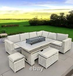 Luxury Rattan Garden Furniture Set With Firepit Table Quality Gas Outdoor Patio