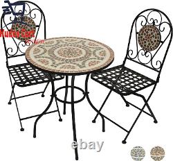 Mosaic 3pc Outdoor Table & Chairs Set Folding Garden Furniture Patio Metal Black