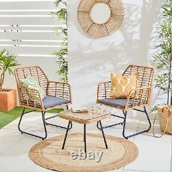 Neo Garden Furniture Patio Wicker Bamboo Style Cane Chair Table Bistro Set 3 PC