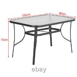 Outdoor Garden Patio Black Furniture Sets Glass Table & Chairs Khaki Umbrella