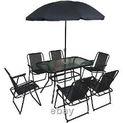 Outdoor Garden Patio Furniture 8pc Set 6 Folding Chairs Glass Table & Parasol