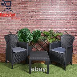 Rattan 3pc Outdoor Garden Furniture Set Table 2 Chair Cushions Patio Black New