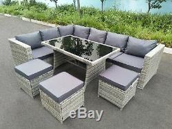 Rattan Corner Garden Furniture Set Light Grey Outdoor Patio Dining Table & Sofa