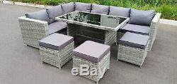 Rattan Corner Garden Furniture Set Light Grey Outdoor Patio Dining Table & Sofa