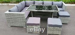 Rattan Corner Garden Furniture Set Light Grey Outdoor Patio Dining Table & Sofa