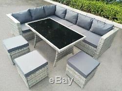 Rattan Corner Garden Furniture Set Light Grey Outdoor Patio Dining Table & Sofa