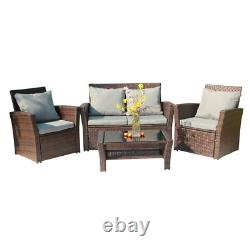 Rattan Furniture Set 4PCS Table Patio Garden Armchair Sofa Glass Coffee Brown