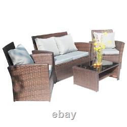 Rattan Furniture Set 4PCS Table Patio Garden Armchair Sofa Glass Coffee Brown