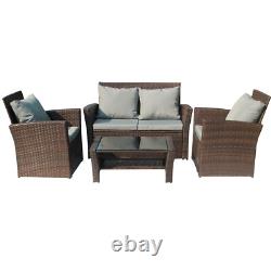 Rattan Furniture Set 4PCS Table Patio Garden Armchair Sofa Glass Coffee Brown