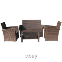 Rattan Furniture Set 4PCS Table Patio Garden Armchair Sofa Glass Coffee Brown