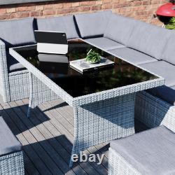 Rattan Garden 9 Seater Outdoor Set Furniture Sofa Chairs Table Bench Patio, Grey