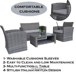 Rattan Garden Furniture 4 Seater Sofa Set Grey Outdoor Patio Lounge Coffee Table