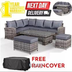 Rattan Garden Furniture Patio Set 10 seat (Corner Sofa, Bench & Table)- Grey