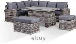 Rattan Garden Furniture Patio Set 10 seat (Corner Sofa, Bench & Table)- Grey