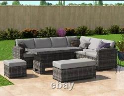 Rattan Garden Furniture Patio Set 10 seat (Corner Sofa, Bench & Table)- Grey