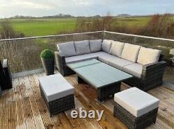 Rattan Garden Furniture Patio Set 10 seat (Corner Sofa, Bench & Table)- Grey