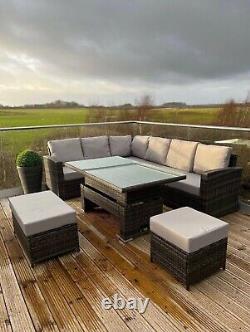 Rattan Garden Furniture Patio Set 10 seat (Corner Sofa, Bench & Table)- Grey