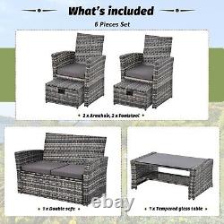 Rattan Garden Furniture Patio Set 6pc Chairs Outdoor Coffee Table Footstool Grey