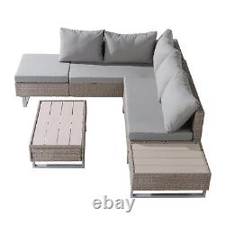 Rattan Garden Furniture Set Patio 6 Seater Corner Sofa with Table Cushions Khaki