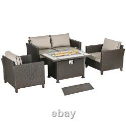 Rattan Garden Furniture Set Patio Sofa Outdoor Gas Fire Pit Table Cushions Brown