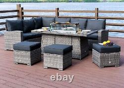 Rattan Garden Furniture Set with Fire Pit Table Outdoor Patio Corner Dining Sofa