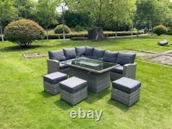 Rattan Garden Furniture Set with Fire Pit Table Outdoor Patio Corner Dining Sofa