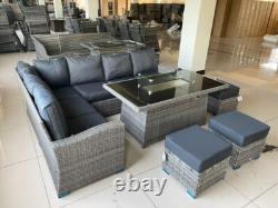 Rattan Garden Furniture Set with Fire Pit Table Outdoor Patio Corner Dining Sofa