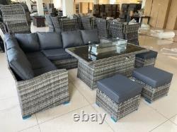 Rattan Garden Furniture Set with Fire Pit Table Outdoor Patio Corner Dining Sofa