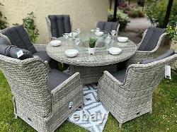 Rattan garden furniture firepit Round Table & reclining chairs patio Dining set