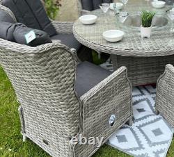 Rattan garden furniture firepit Round Table & reclining chairs patio Dining set