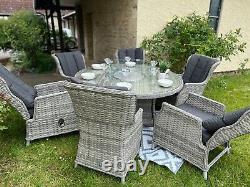 Rattan garden furniture firepit Round Table & reclining chairs patio Dining set