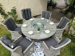 Rattan garden furniture firepit Round Table & reclining chairs patio Dining set