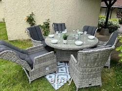 Rattan garden furniture firepit Round Table & reclining chairs patio Dining set