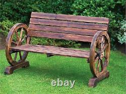 Stylish Brunt Wood Wagon Wheel Garden Bench 2 Seater Outdoor Patio Furniture
