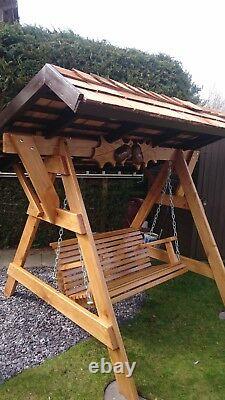 Swing Bench Chair Garden Outdoor Lounge Hanging Furniture Wood Canopy Patio Oak