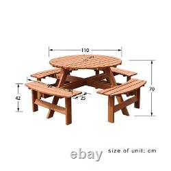 Wooden 8 Seater Garden Furniture Set Round Table & 4 Benches Seats Outdoor Patio