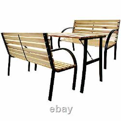 Wooden Slatted Bench & Table Set Garden Outdoor Patio Furniture Steel Metal NEW